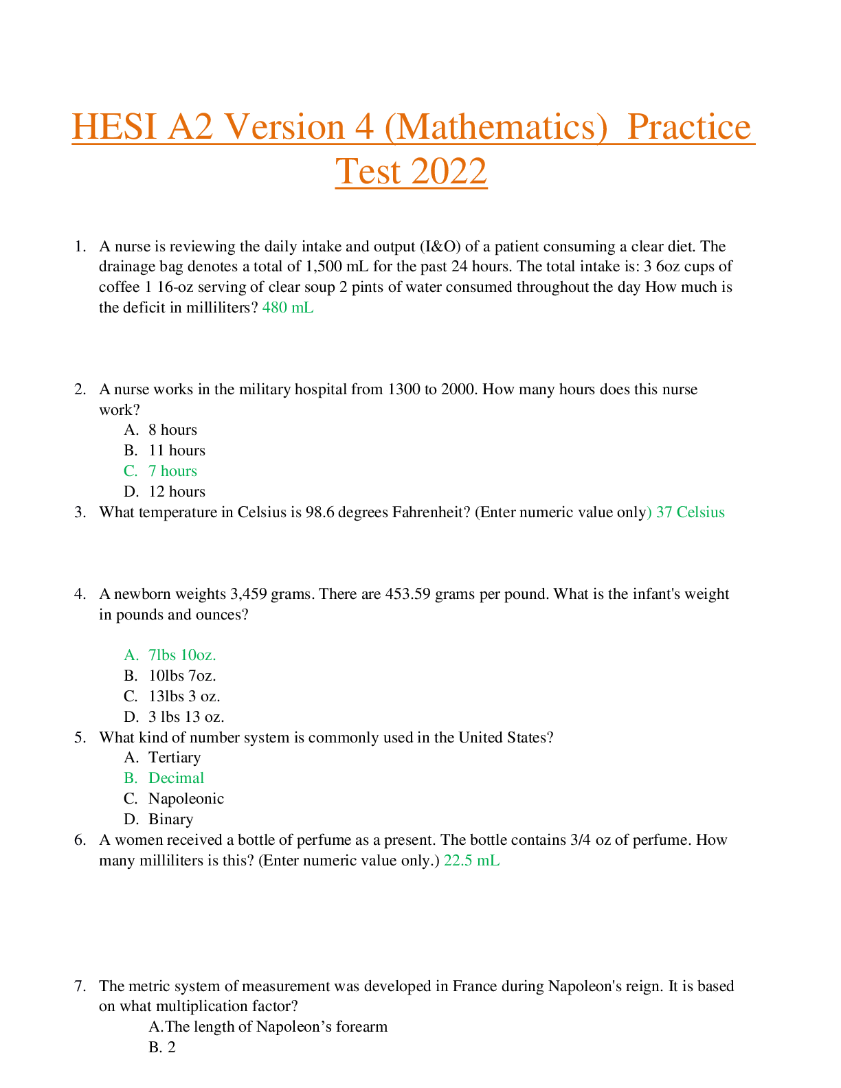 Preview of HESI A2 Mathematics_Version 4_Practice_Questions and Verified Answers